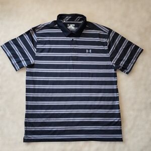 Under Armour 2XL Black Gray Striped Polo Golf Shirt XXL Heatgear